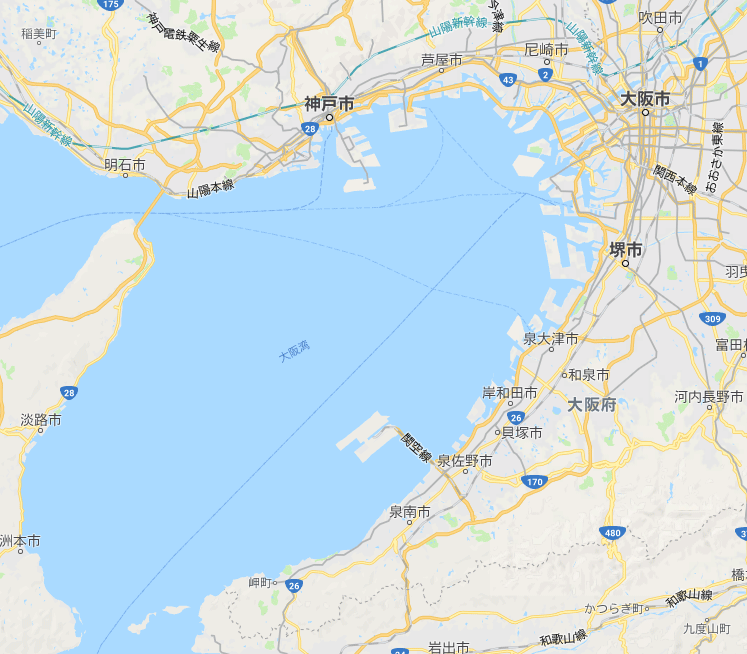 大阪湾は、淡路島や和歌山県の友が島に守られた海と考えれます。 大阪が商業の町として栄えた理由がわかりますよね。